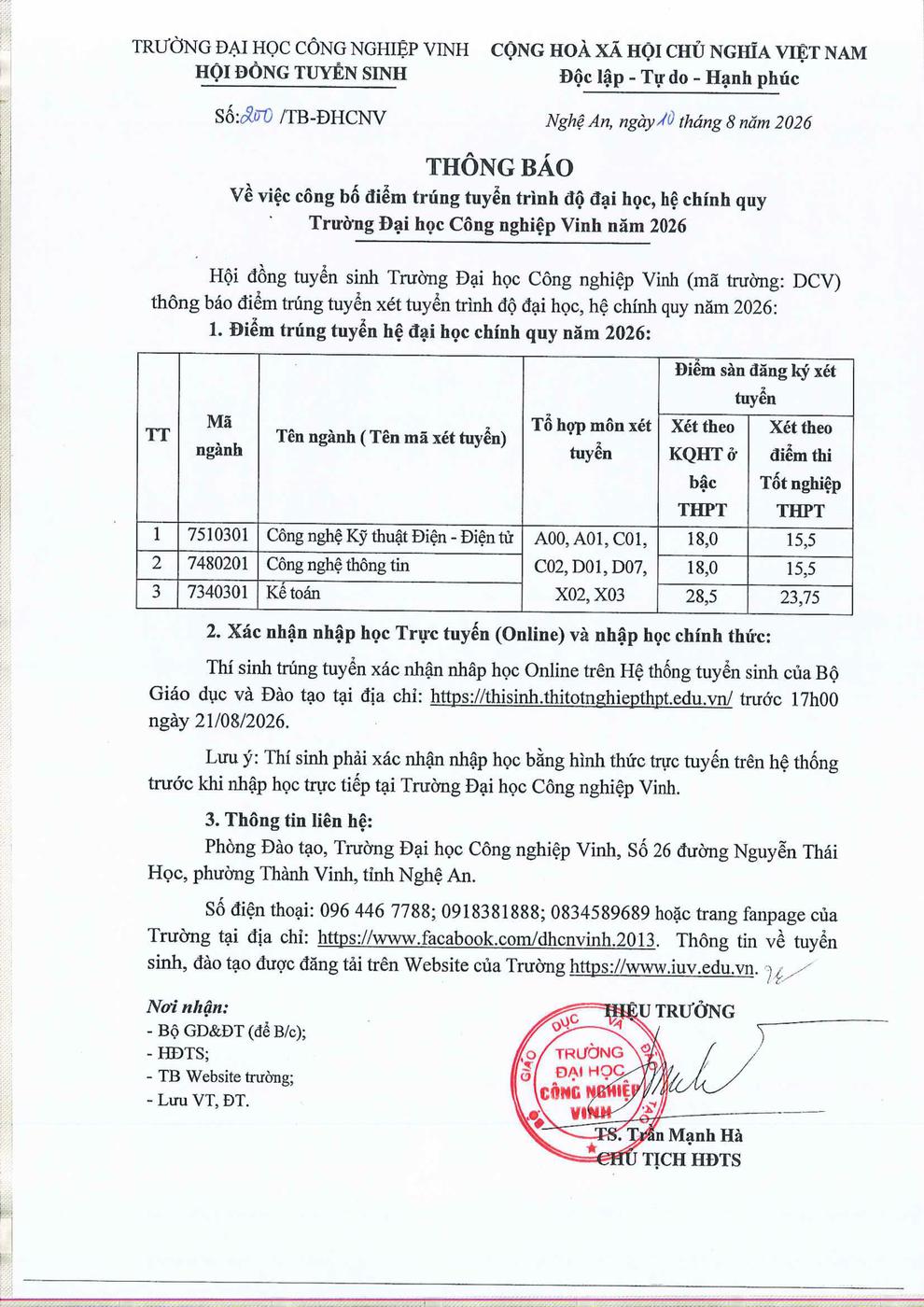 Thông báo điểm trúng tuyển trình độ Đại học, hệ chính quy năm 2026